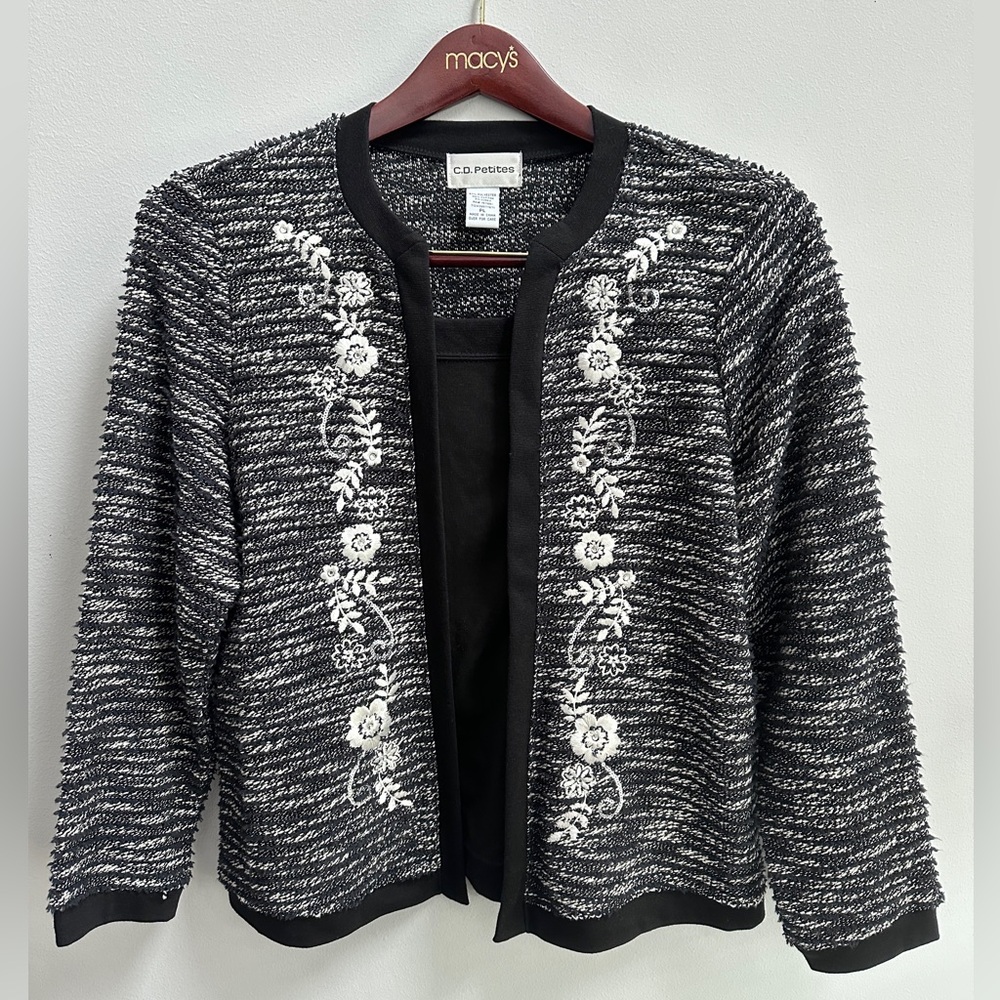 C.D. petites black white floral with sequin cardigan sweater size PL